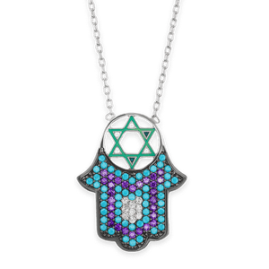 ITI NYC Hamsa Necklace with Color Enamel and Cubic Zirconia in Sterling Silver
