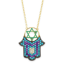 Load image into Gallery viewer, ITI NYC Hamsa Necklace with Color Enamel and Cubic Zirconia in Sterling Silver
