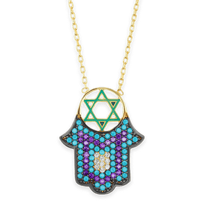 ITI NYC Hamsa Necklace with Color Enamel and Cubic Zirconia in Sterling Silver